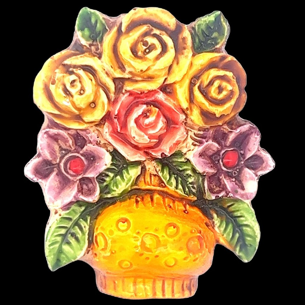 Vintage Signed West Germany Floral Carved Hand-Painted Resin Flower Brooch